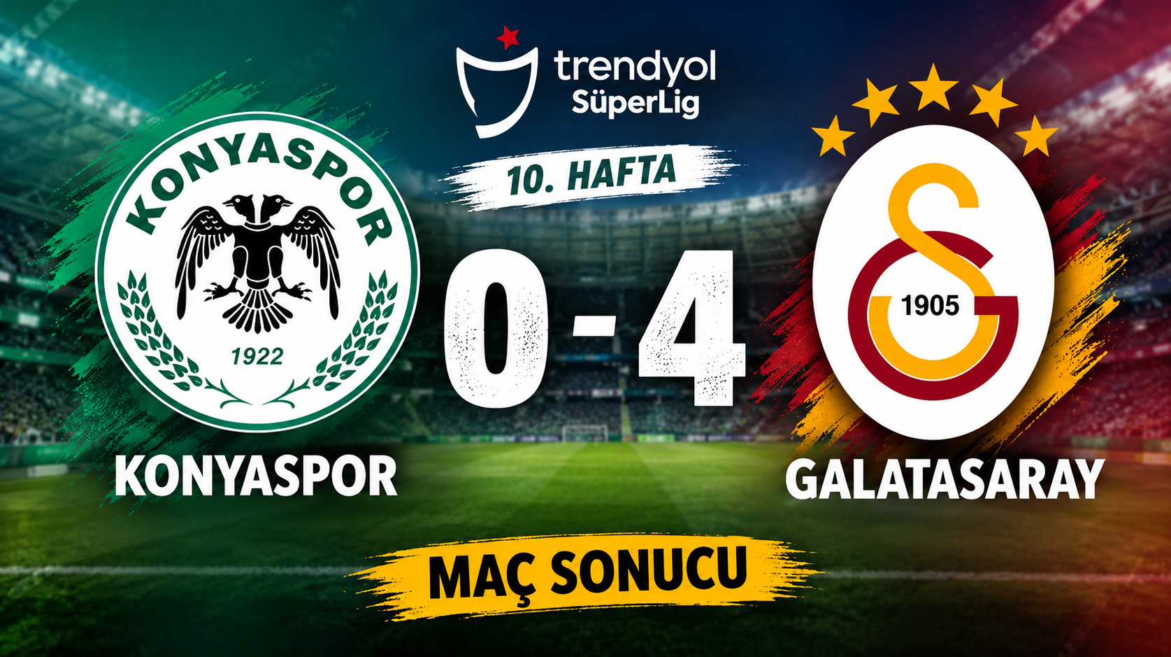 Süper Lig'in 10. haftasında lider Galatasaray, deplasmanda karşılaştığı Konyaspor'u 4-0 mağlup ederek zirvedeki yerini korudu